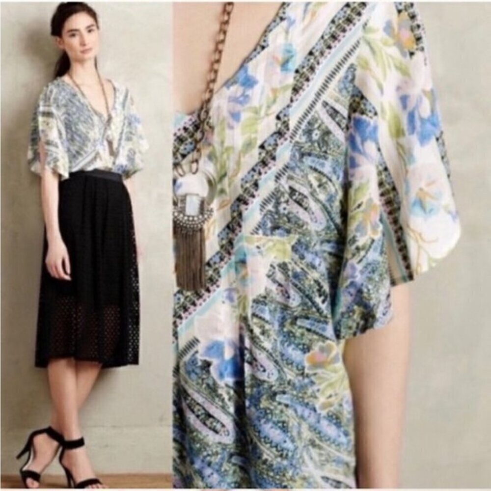 Anthropologie Maeve Maya Floral Flutter Sleeve Blouse Button Shoulder Size 6 - Picture 2 of 14